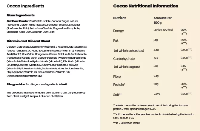 Rootana Meal Replacement Cacao Ingredients